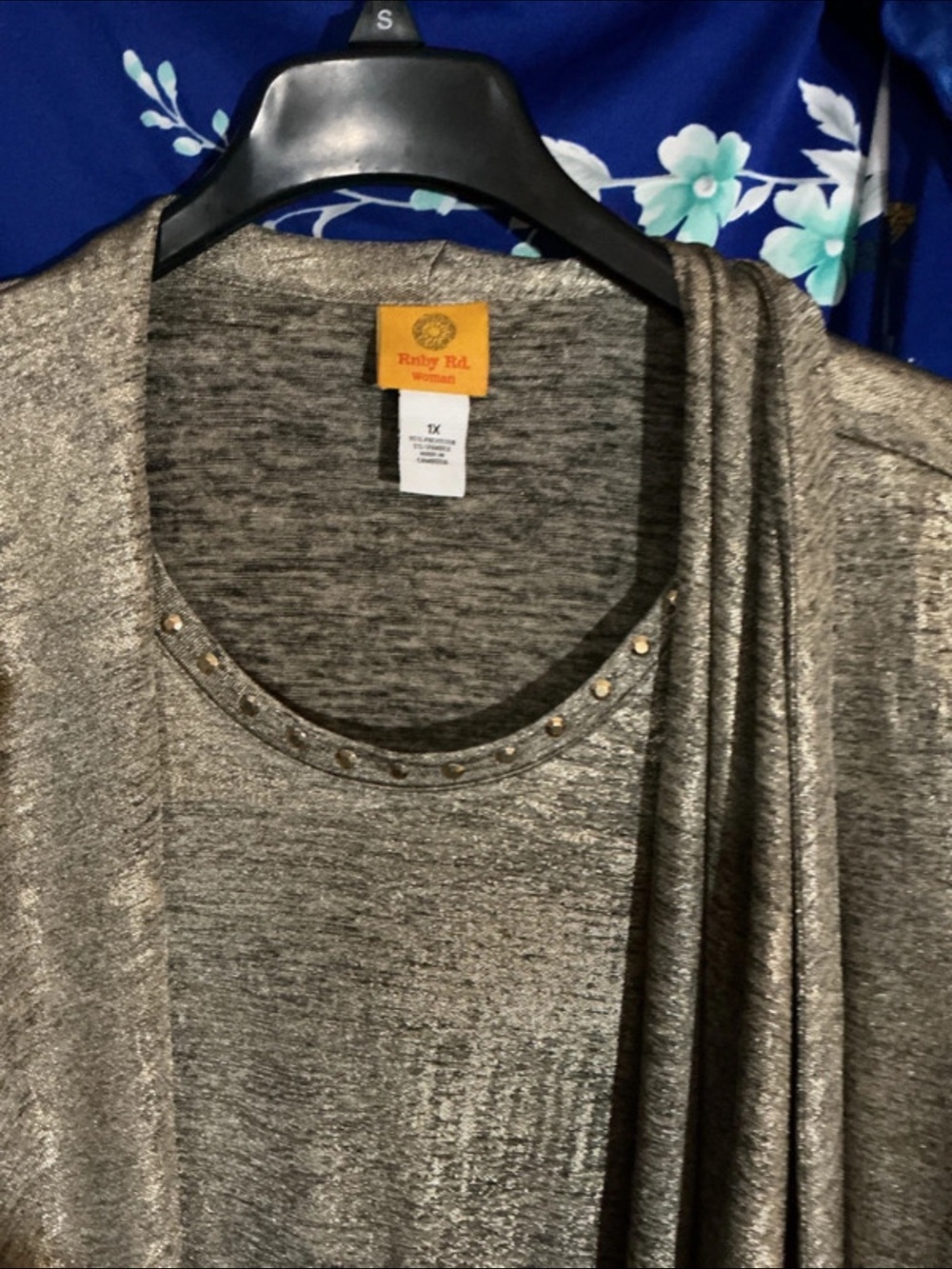 Ruby Rd. Metallic Silver-Gray Women’s Studded Neckline Sweater